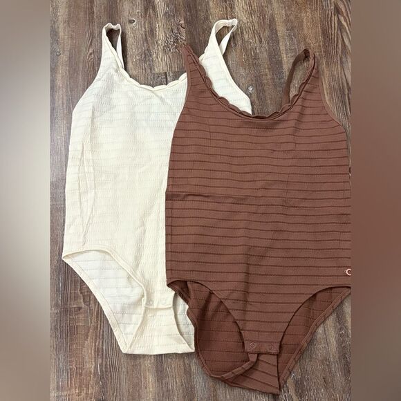 Danskin Intimates Brown and White/Yellow Ribbed Bodysuits Size Large - Picture 1 of 11